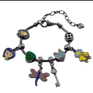 Black Rhodium Gold Coraline Inspired Themed Loaded Enamel Charm Bracelet Design
